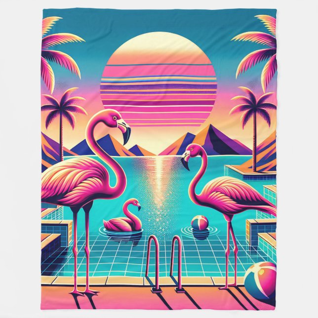 "Vibrant Mitte des Jahrhunderts Moderner Flamingo  Fleecedecke (Vorderseite)