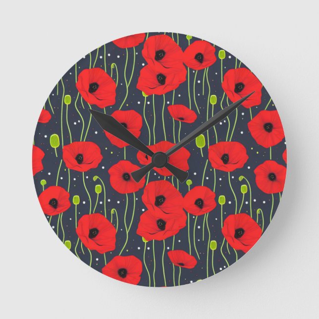 Vibrant Modern Red Poppies Pattern Art Runde Wanduhr (Vorderseite)