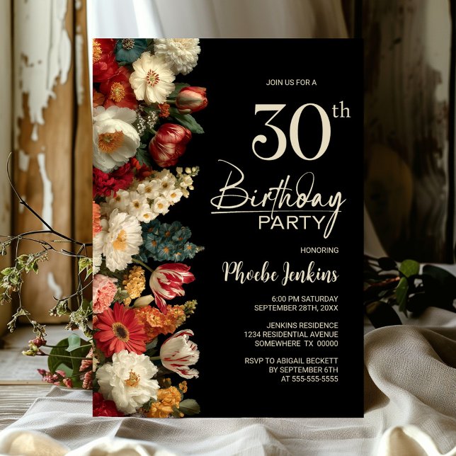 Vibrant Moody Floral Black 30th Birthday Party Einladung (Von Creator hochgeladen)
