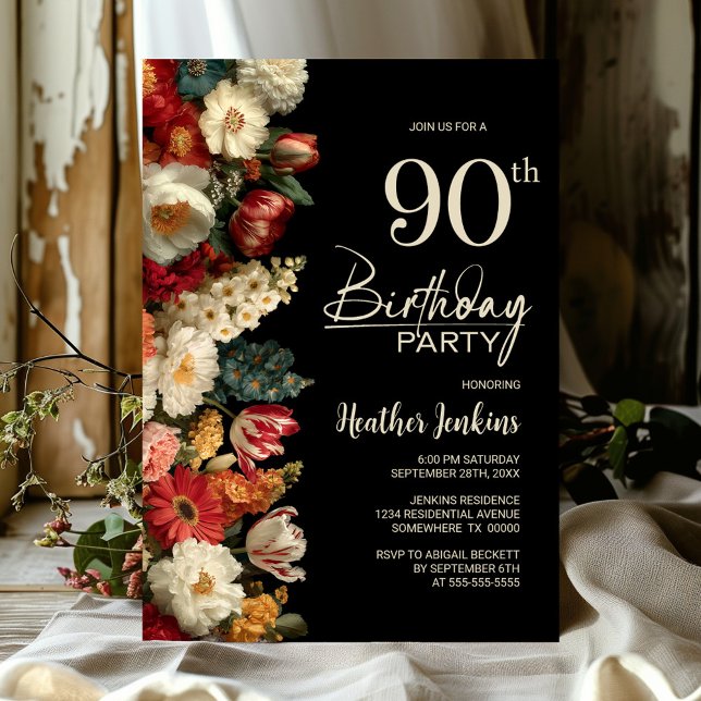 Vibrant Moody Floral Black 90th Birthday Party Einladung (Von Creator hochgeladen)