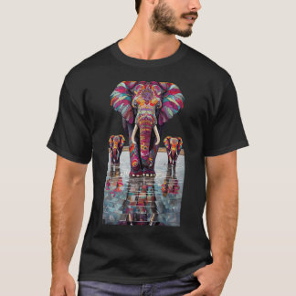 Vibrant_Mosaic_Elephants_Walking_In_Shallow_Reflec T-Shirt