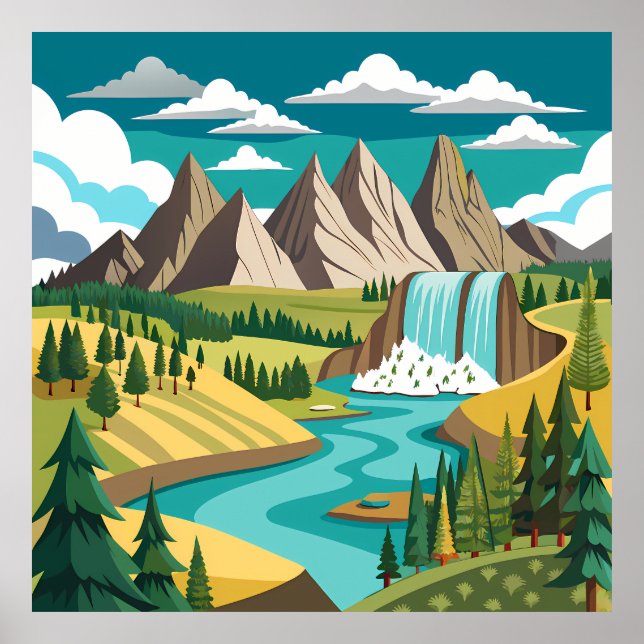 Vibrant Mountain Landscape with Waterfall and Rive Poster (Vorne)