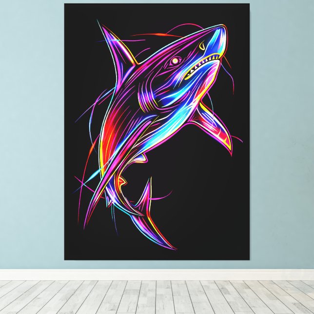 Vibrant Neon Shark Modern Digital Ocean Leinwanddruck (Insitu (Holzboden))
