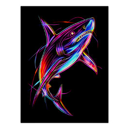 Vibrant Neon Shark Modern Digital Ocean Poster