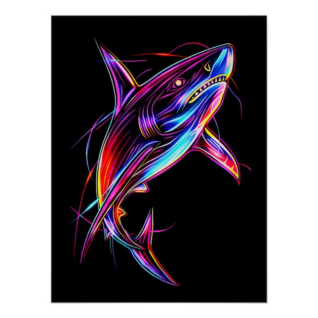 Vibrant Neon Shark Modern Digital Ocean Poster (Vorderseite)