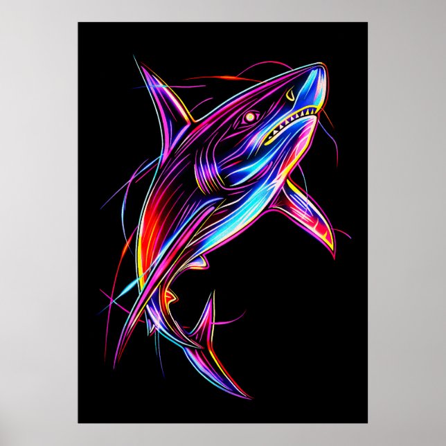 Vibrant Neon Shark Modern Digital Ocean Poster (Vorne)
