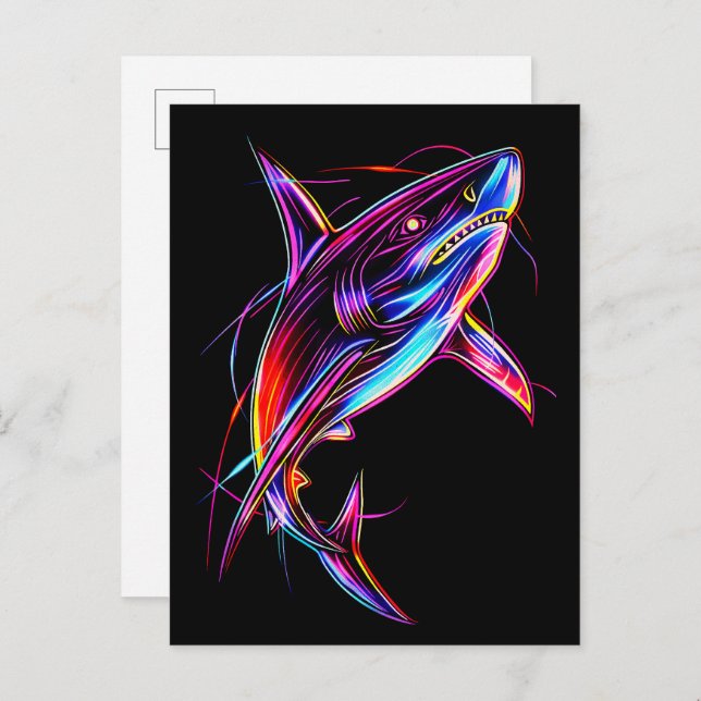 Vibrant Neon Shark Modern Digital Ocean Postkarte (Vorne/Hinten)