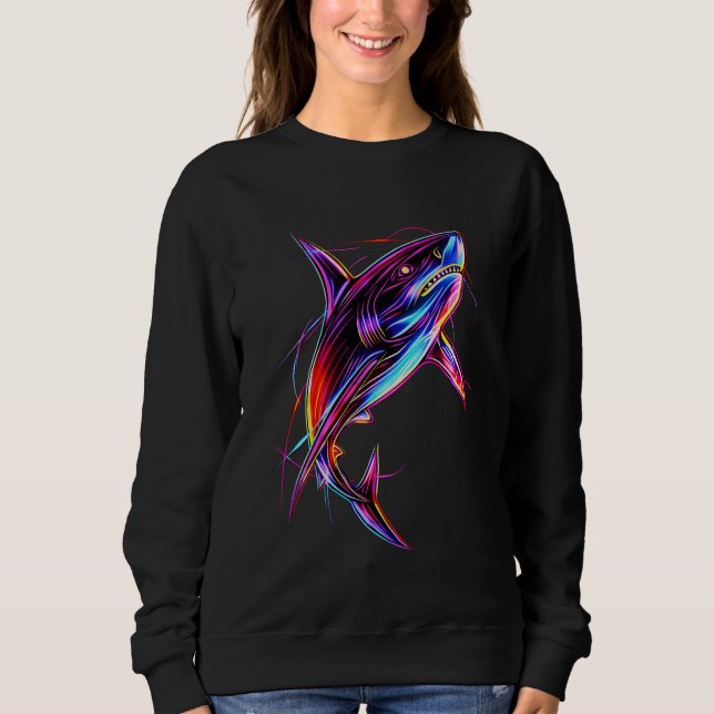 Vibrant Neon Shark Modern Digital Ocean Sweatshirt (Vorderseite)