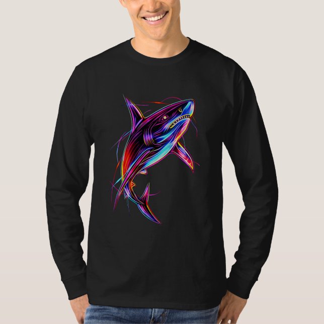 Vibrant Neon Shark Modern Digital Ocean T-Shirt (Vorderseite)