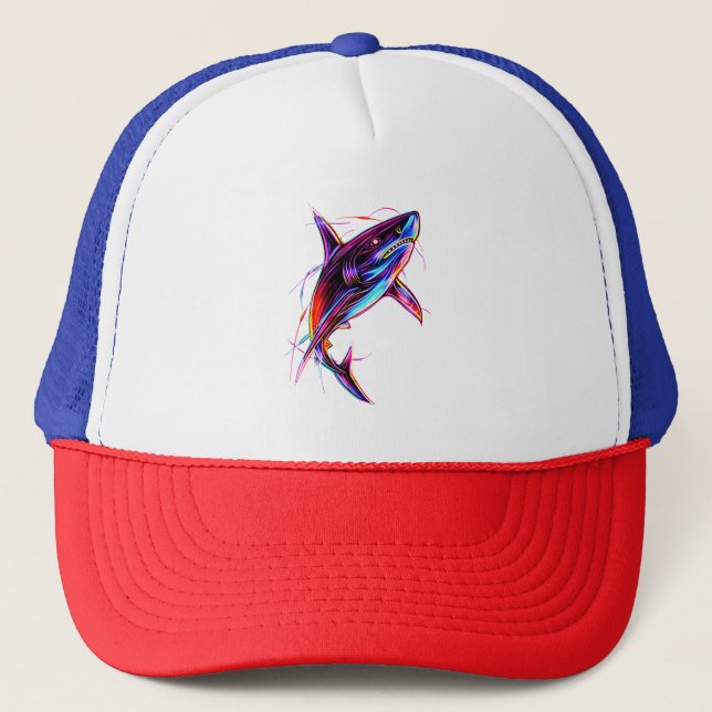Vibrant Neon Shark Modern Digital Ocean Truckerkappe (Vorderseite)