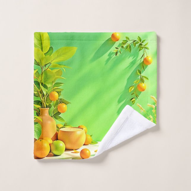 Vibrant Orange Green Still Life Design Badhandtuch Set (Waschlappen)