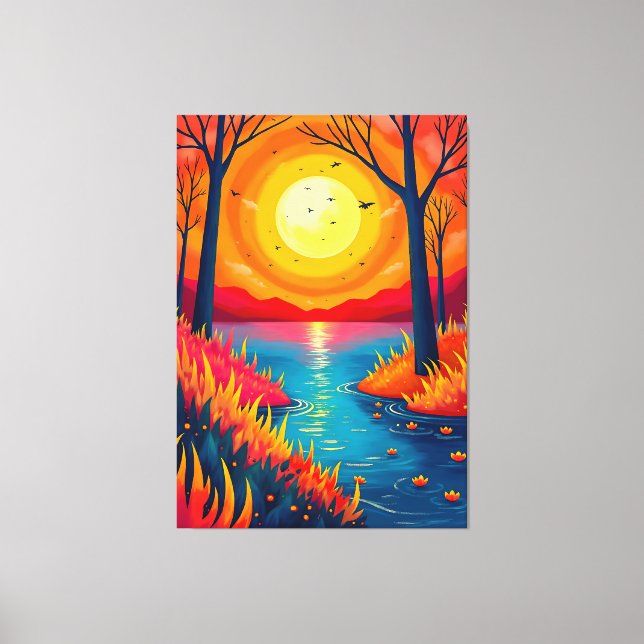 Vibrant Orange Sunset Lake Landscape Art Leinwanddruck (Vorderseite)