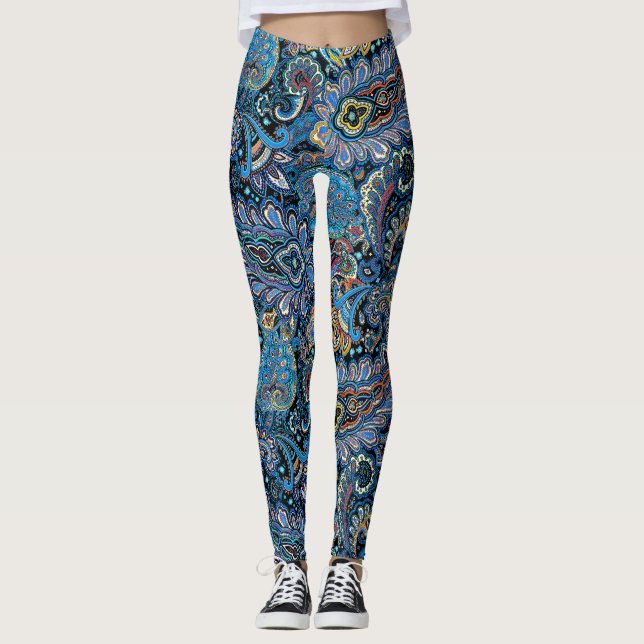 Vibrant Paisley Pattern in Blue on Black Leggings (Vorderseite)