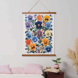 Vibrant Pansy Floral Illustration Wandteppich Mit Holzrahmen