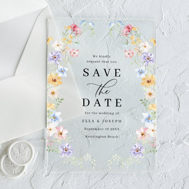 Vibrant Pastel Wildflowers Wedding Save The Date Acryleinladungen (Von Creator hochgeladen)