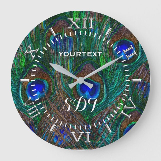Vibrant Peacock Feathers Etching Style Dial Große Wanduhr (Vorderseite)