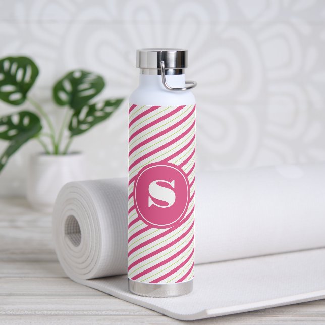 Vibrant Pink and Green Stripes Monogram Trinkflasche (Yoga)