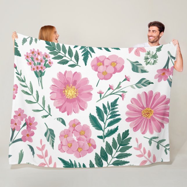 Vibrant Pink Floral Pattern with Lush Greenery Fleecedecke (Beispiel)