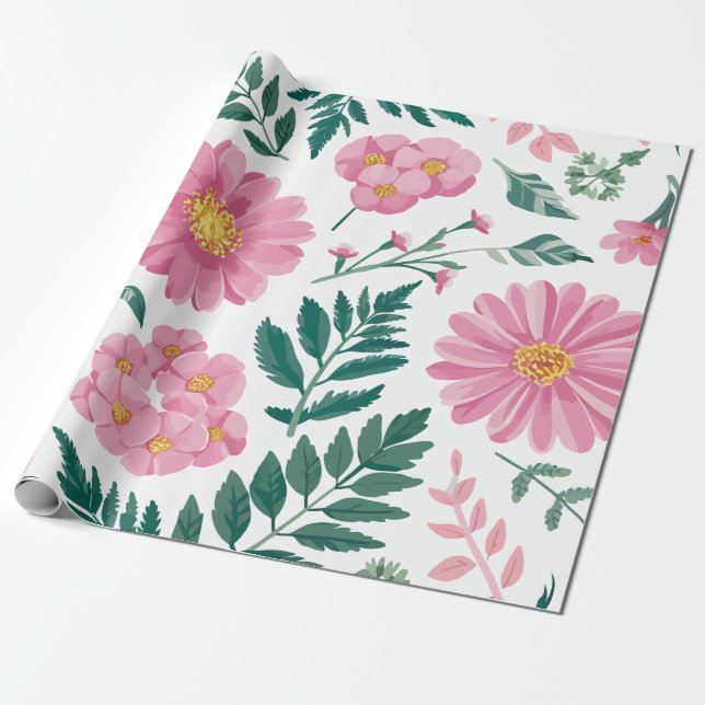 Vibrant Pink Floral Pattern with Lush Greenery Geschenkpapier (Ungerollt)