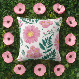 Vibrant Pink Floral Pattern with Lush Greenery Kissen
