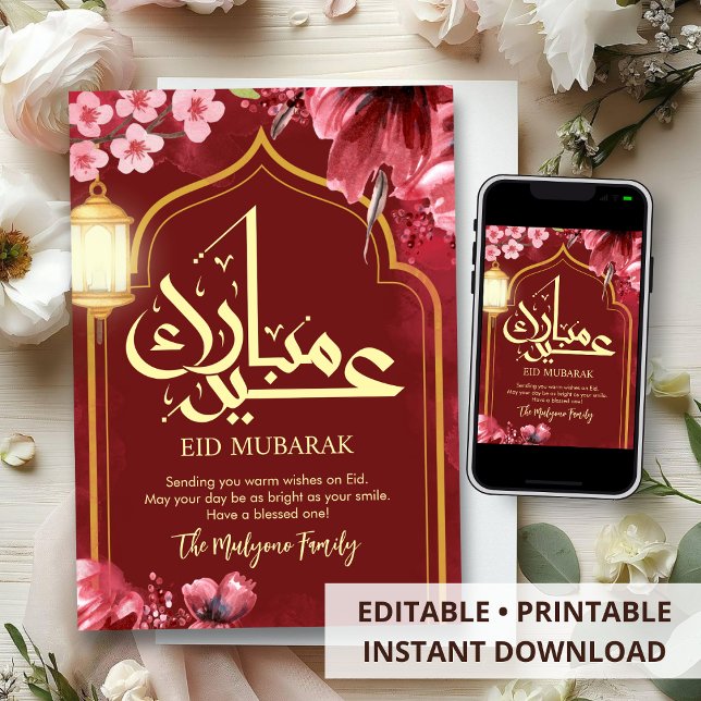 Vibrant Pink Floral Watercolor Lantern Eid Mubarak Feiertagskarte (Von Creator hochgeladen)