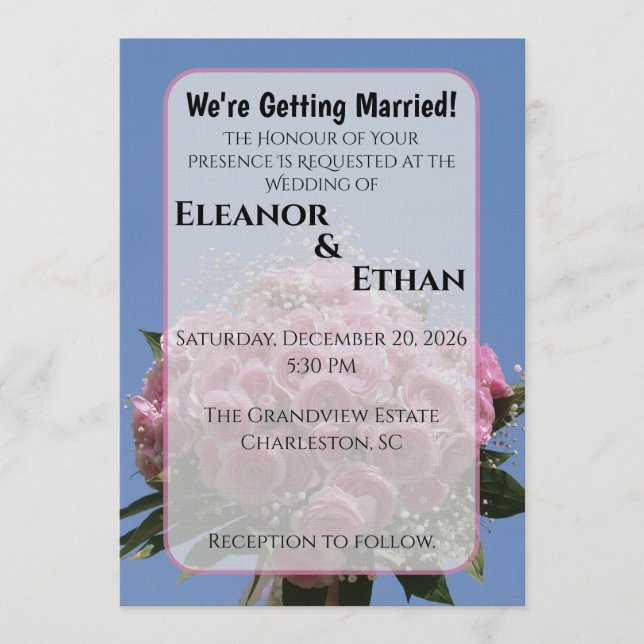 Vibrant Pink Rose Bouquet & Blue Sky Summer  Einladung (Vorderseite)