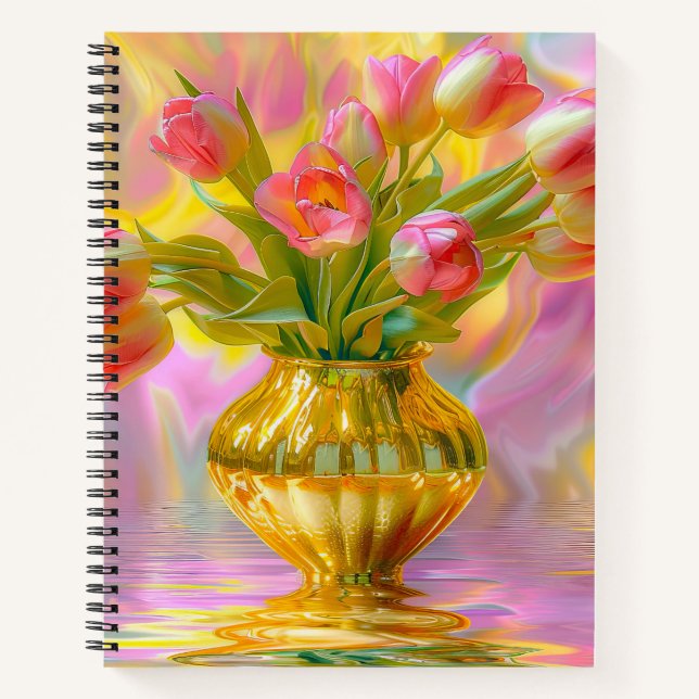 Vibrant Pink Tulips in Golden Vase Notizbuch (Vorderseite)