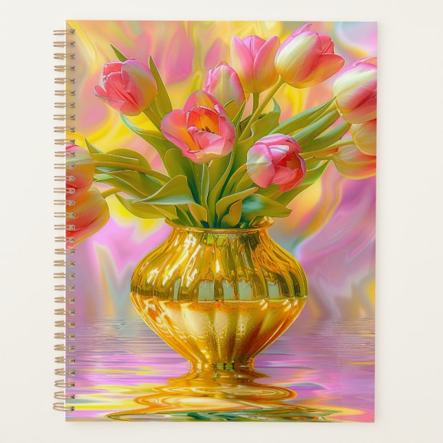 Vibrant Pink Tulips in Golden Vase Planer (Vorderseite)