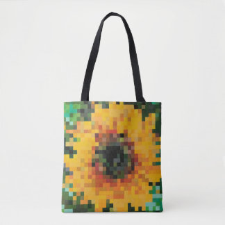 Vibrant pixelated sunflower with green background