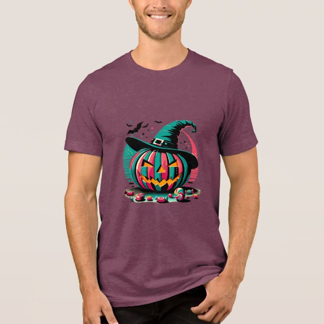 Vibrant Pop Art Witch Hat Pumpkin Halloween Tri-Blend Shirt (Vorderseite)