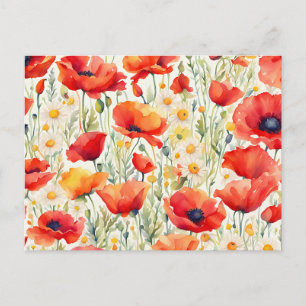Vibrant Poppies und Daisies Watercolor-Muster Postkarte