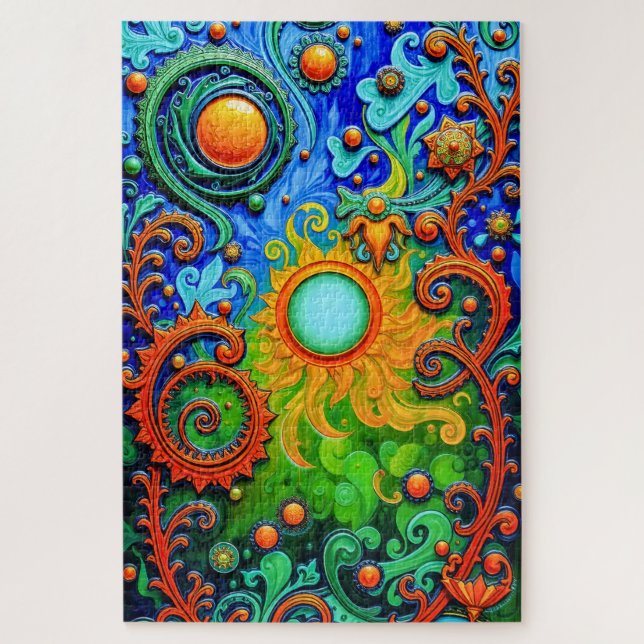 Vibrant Psychedelic Sun Art - Abstrakte Muster und Puzzle (Vertikal)