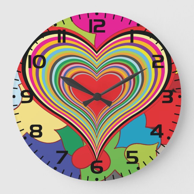 Vibrant Rainbow Layered Heart Abstract Große Wanduhr (Vorderseite)
