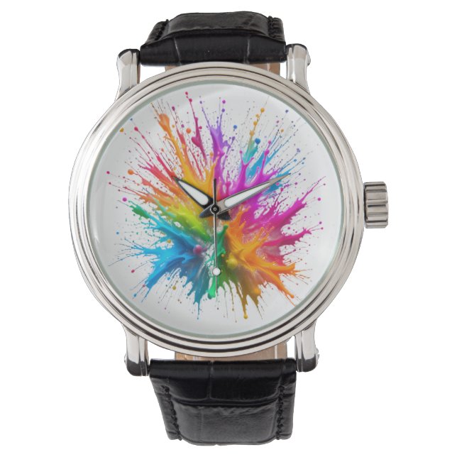 Vibrant Rainbow Paint Splatter Explosion Armbanduhr (Vorderseite)