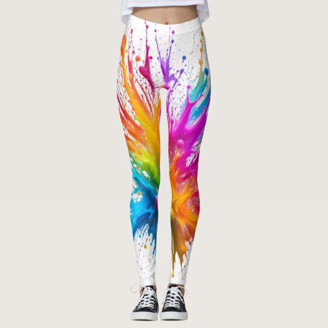 Vibrant Rainbow Paint Splatter Explosion Leggings (Vorderseite)