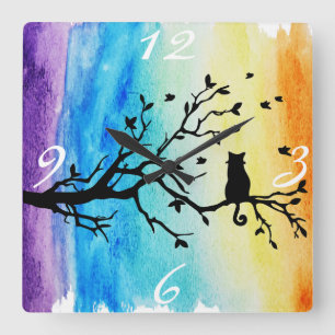 Vibrant Rainbow Watercolor Black Cat in Tree Quadratische Wanduhr
