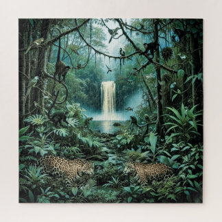 Vibrant rainforest green foliage majestic jaguars puzzle