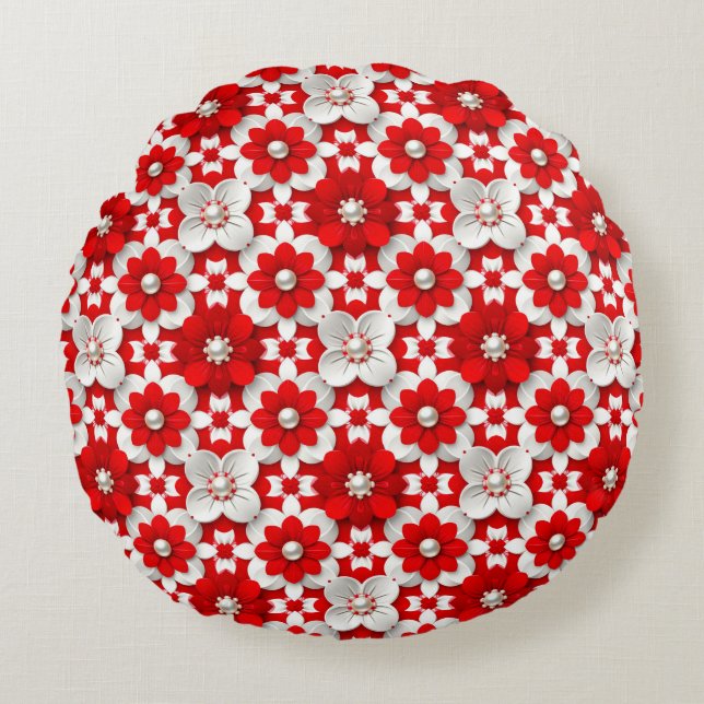 Vibrant Red And White Floral Pattern With Pearl Rundes Kissen (Vorderseite)