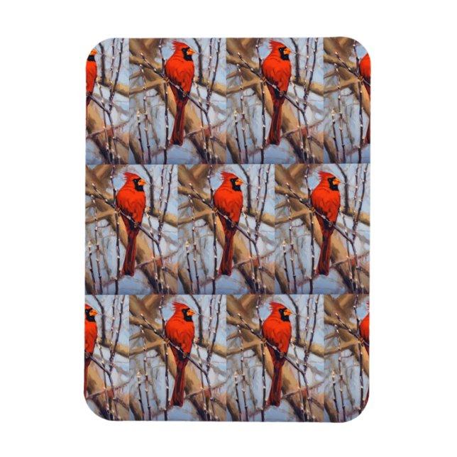 Vibrant Red ardinal Bird Perched on Branch  Magnet (Vertikal)