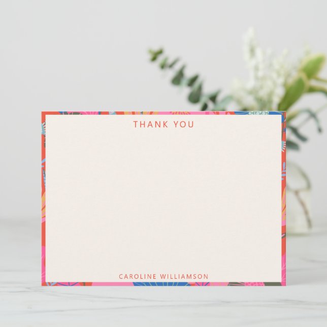 Vibrant Red Boho Floral Personalized Stationery  Dankeskarte (Stehend Vorderseite)