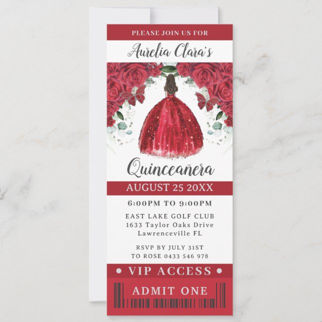 Vibrant Red Floral Quinceañera Sweet 16 VIP Ticket Einladung (Vorderseite)