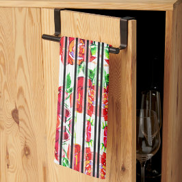 Vibrant red flowers and green leaves on curtains geschirrtuch