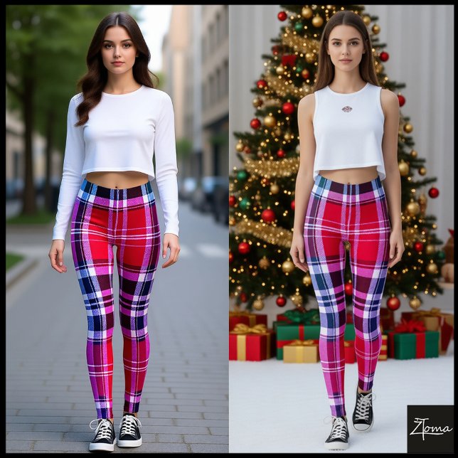Vibrant Red Pink Aqua Modern Plaid Leggings (Von Creator hochgeladen)