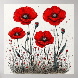 Vibrant Red Poppies Illustration Poster