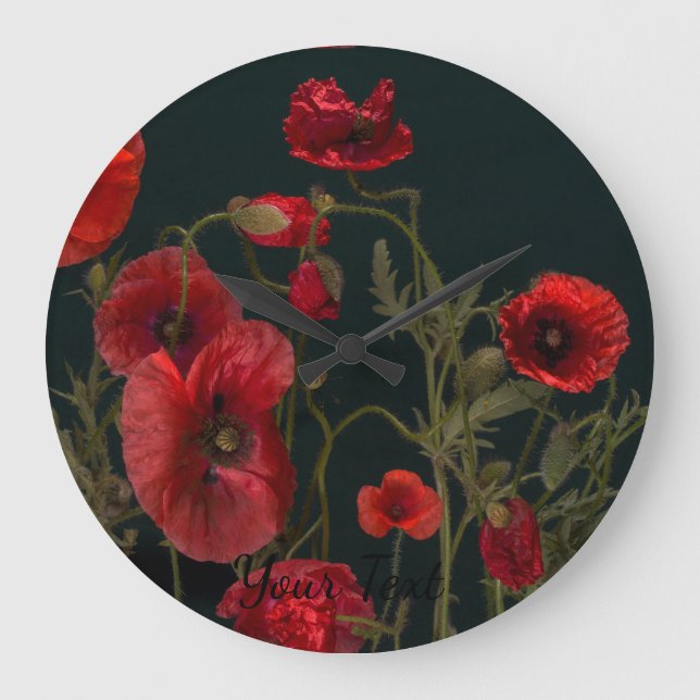 Vibrant Red Poppies on Black Große Wanduhr (Vorderseite)