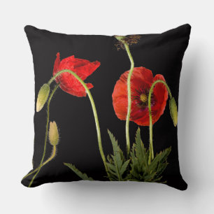 Vibrant Red Poppies on Black Kissen