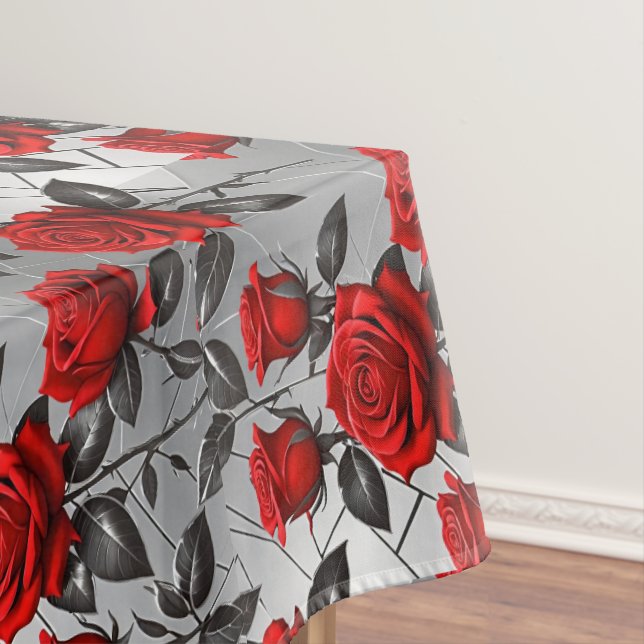 Vibrant Red Roses On A Metallic Silver Background  Tischdecke (Beispiel)