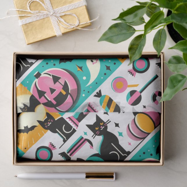 Vibrant Retro Halloween Collage Pink Pumpkin Black Seidenpapier (Geschenk)