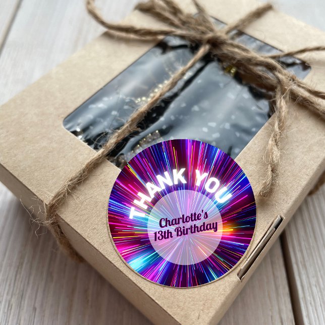 Vibrant Retro Neon Glowing Pink Purple Thank You Runder Aufkleber (Von Creator hochgeladen)