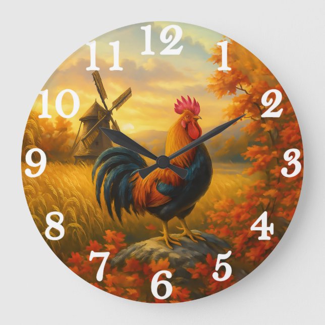 Vibrant rooster in golden harvest große wanduhr (Vorderseite)